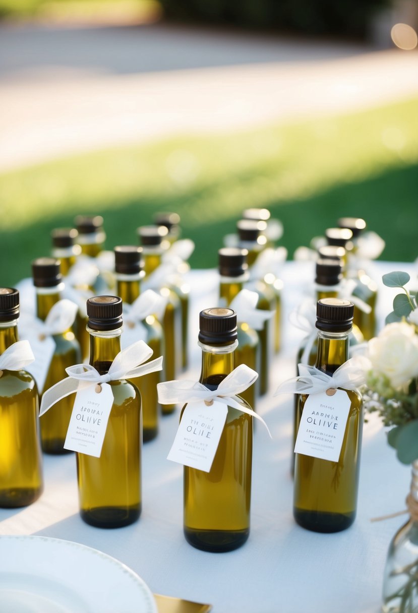 A table adorned with small artisan olive oil bottles, adorned with delicate ribbons and tags, set up as summer wedding favors for guests