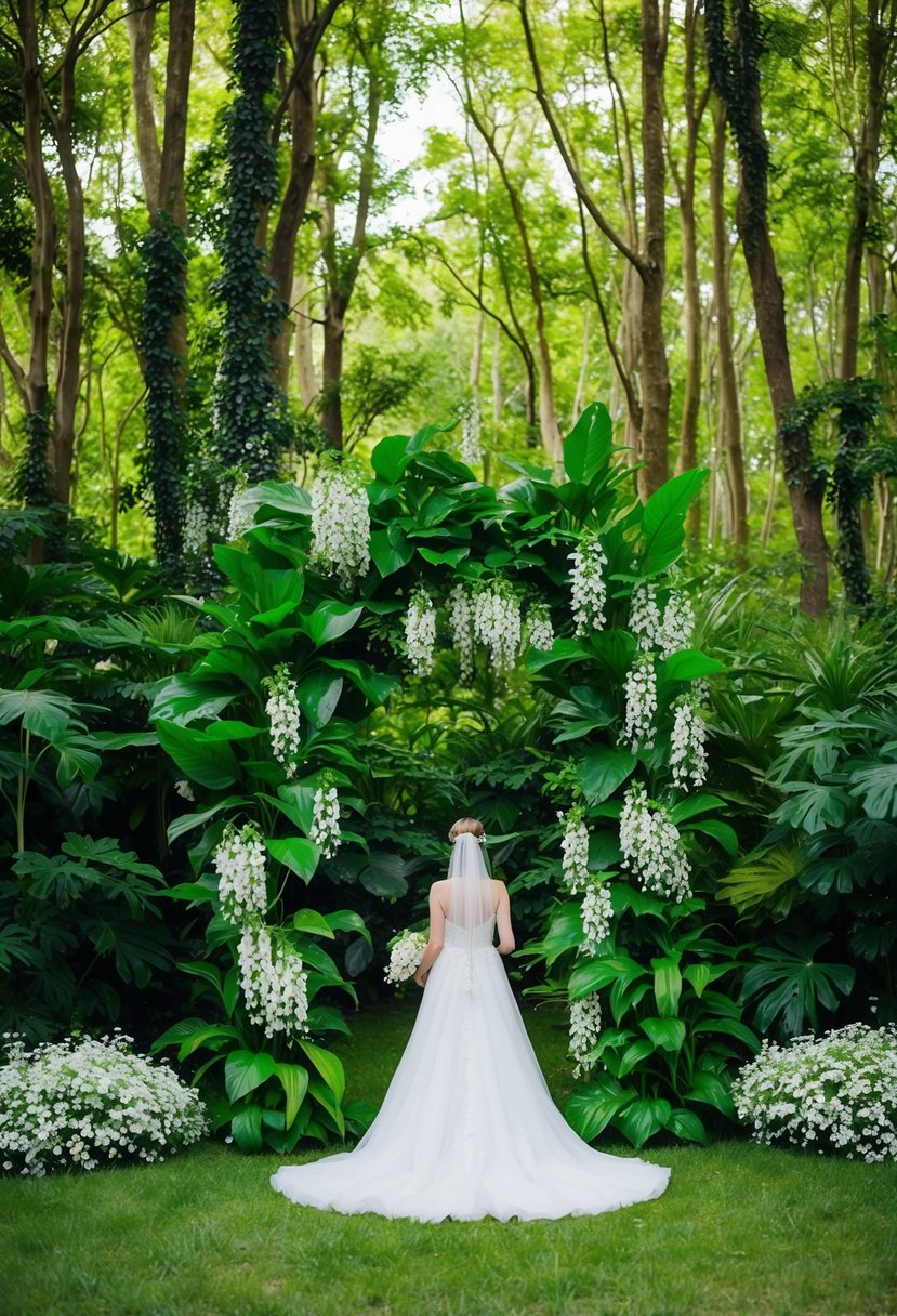 A lush forest with vibrant green foliage and delicate white flowers, creating a magical and enchanting setting for a wedding