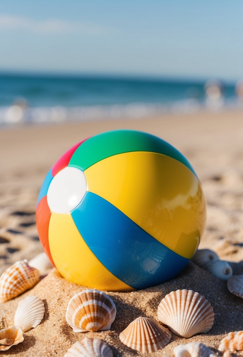 A colorful beach ball surrounded by seashells and sand on a sunny beach