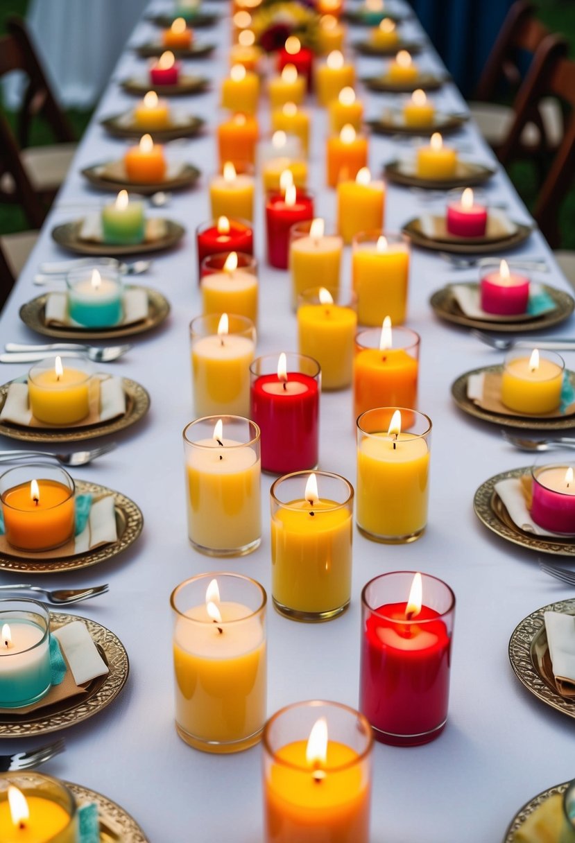 A table adorned with scented candles in various summer fragrances, arranged as wedding favors for guests