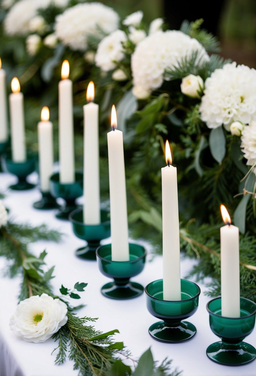 White candles in forest green holders arranged on a white tablecloth, surrounded by greenery and white floral accents