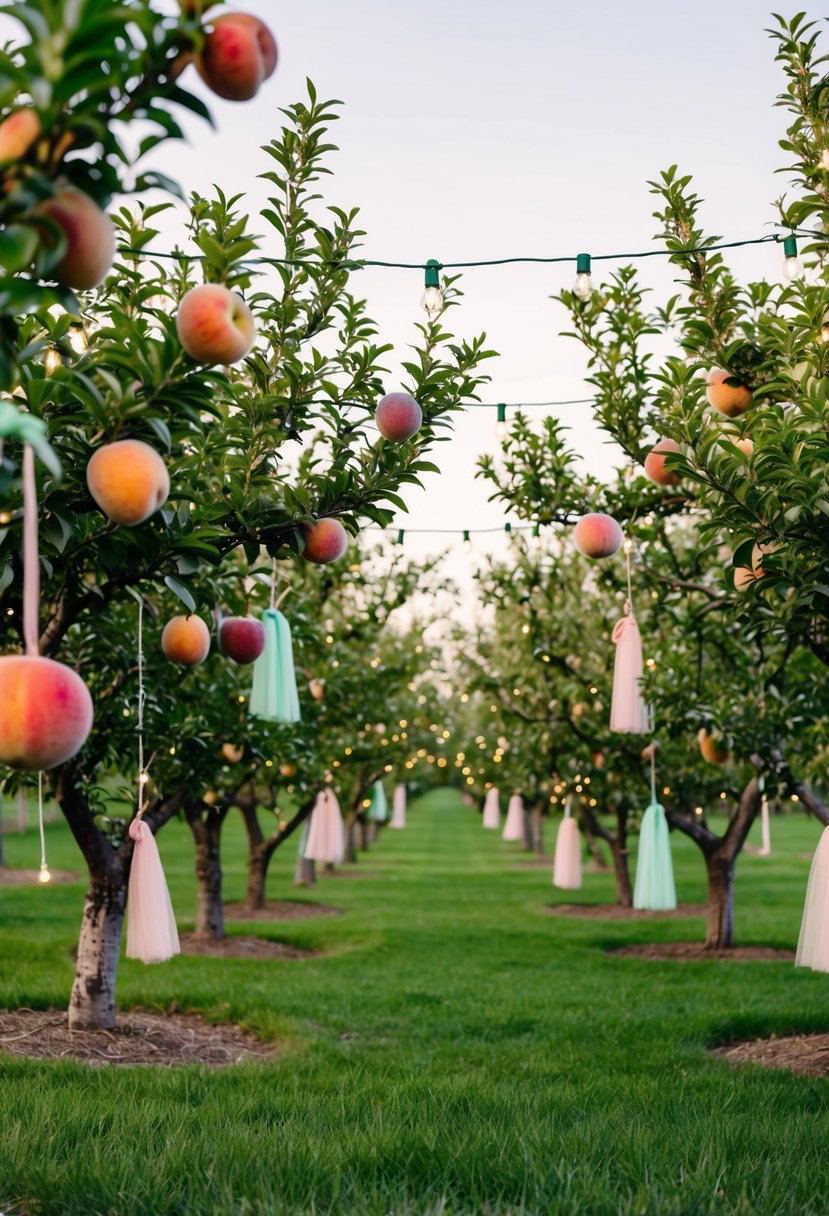 A lush orchard with peach trees in full bloom, adorned with delicate fairy lights and pastel decorations for a romantic wedding setting