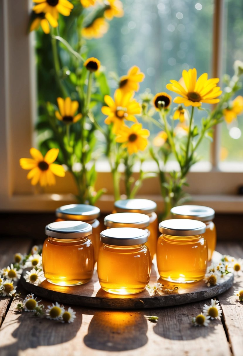 Mini honey jars arranged on a rustic table with wildflowers, sunlight streaming through a window