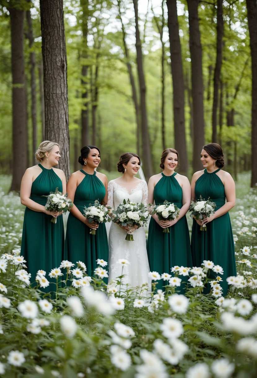 Forest green bridesmaid dresses among white flowers in a woodland clearing