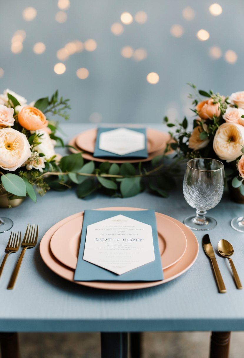 A table set with dusty blue and peach invitations, surrounded by floral arrangements in the same color scheme