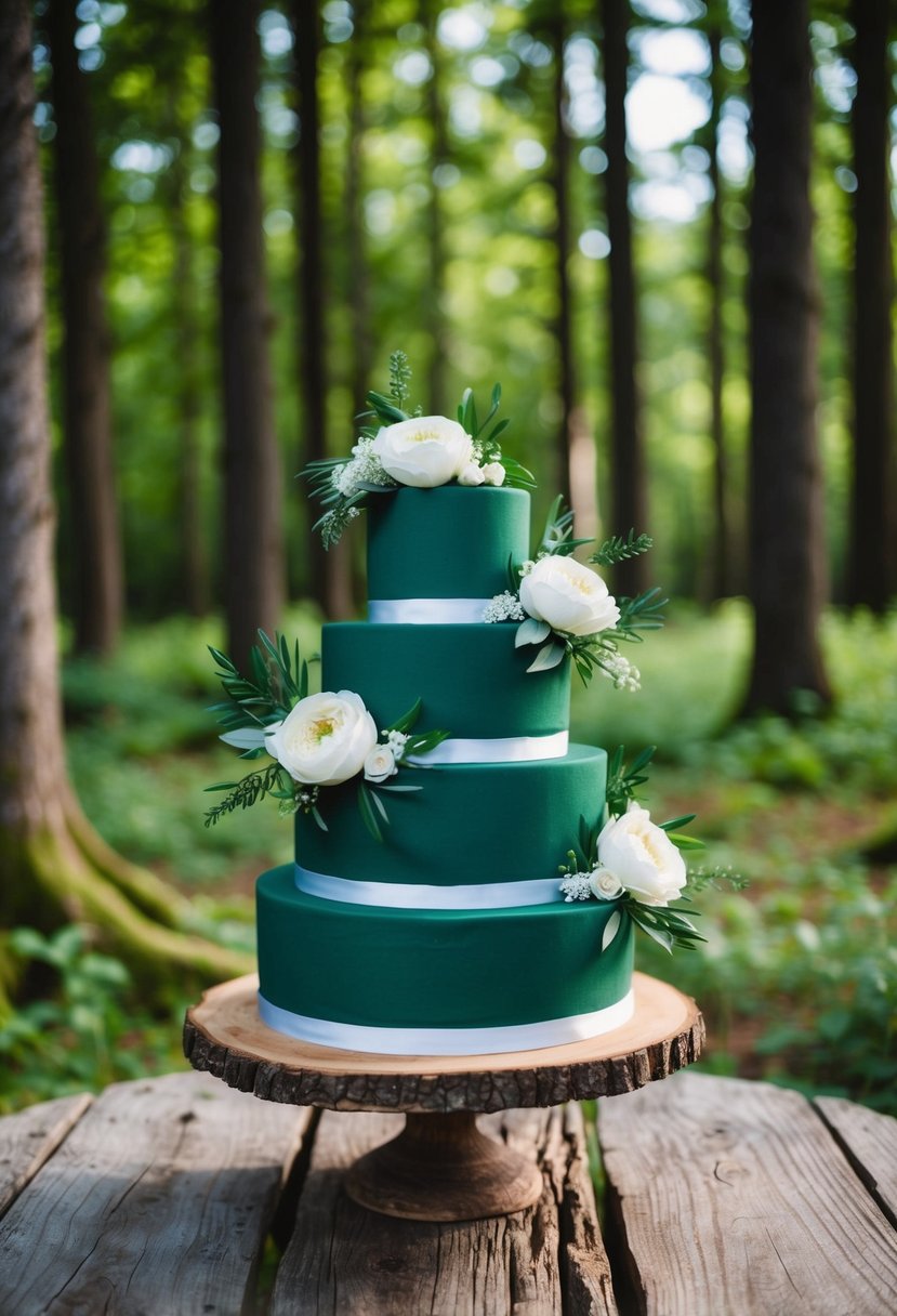 A three-tiered forest green wedding cake adorned with white floral accents sits on a rustic wooden table in a lush forest clearing