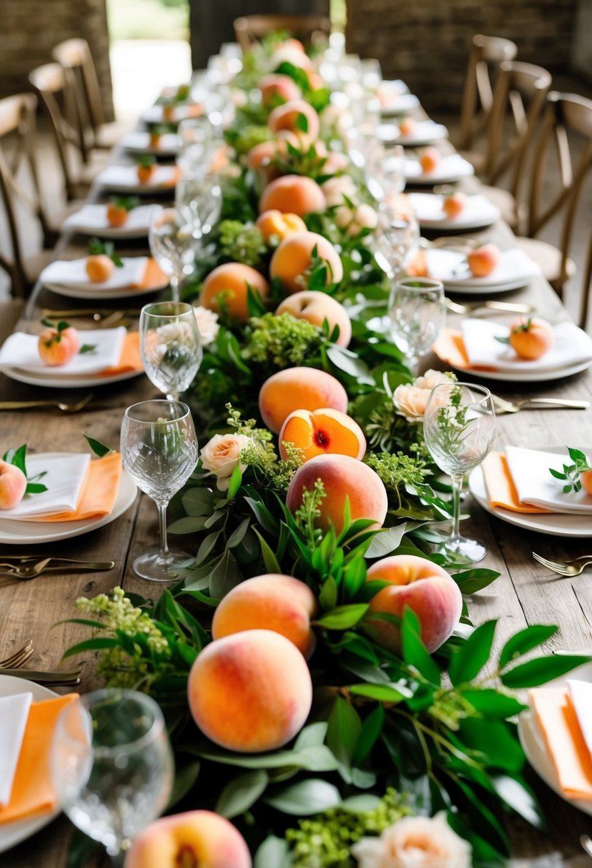 Lush peach and greenery centerpieces adorn a rustic wooden table, creating a beautiful display for a peach-themed wedding