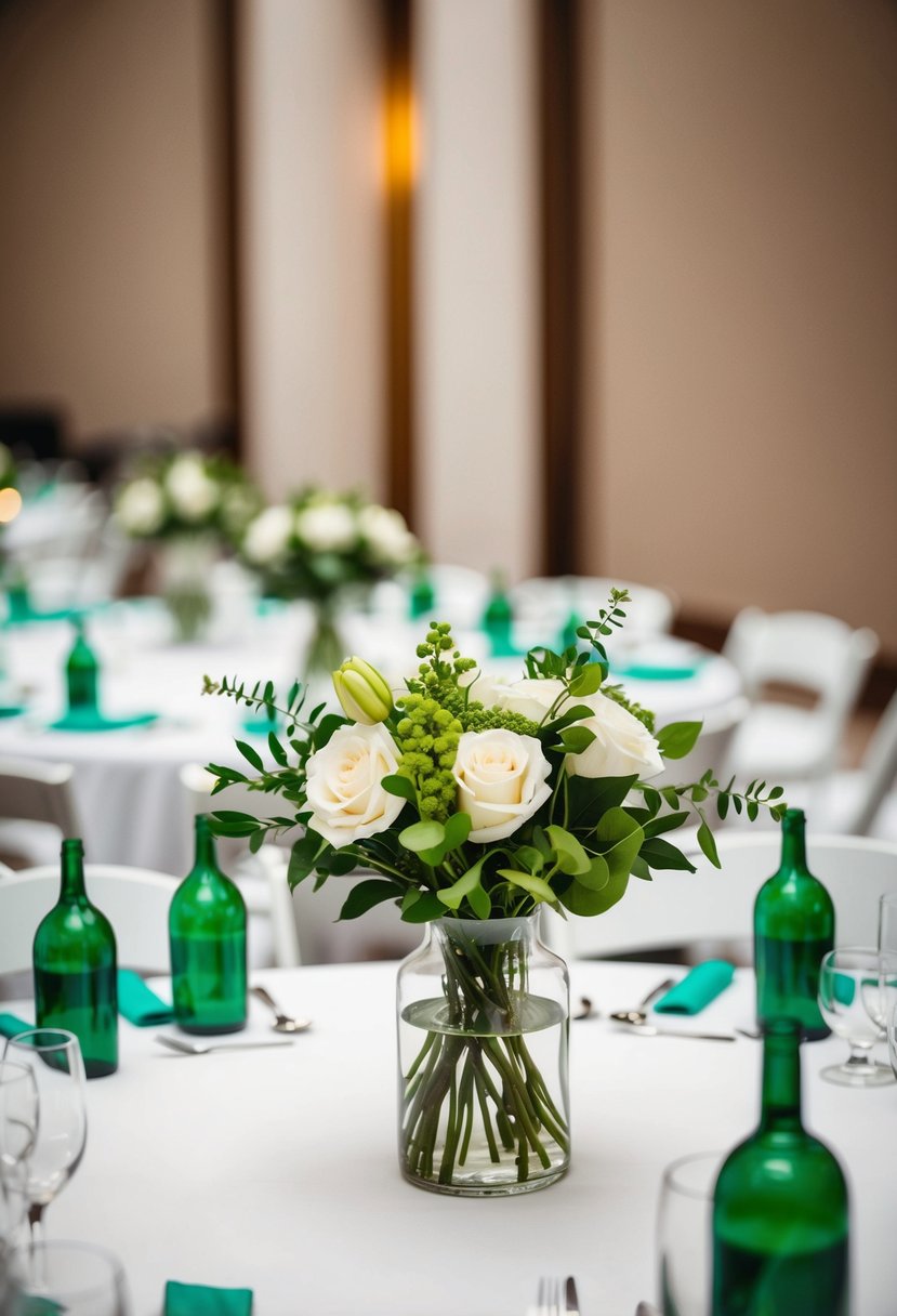 A white table with green centerpieces