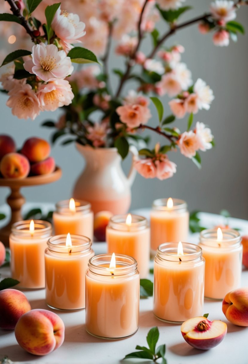 A table adorned with peach-scented candles in glass jars, surrounded by peach blossoms and peach-themed decor