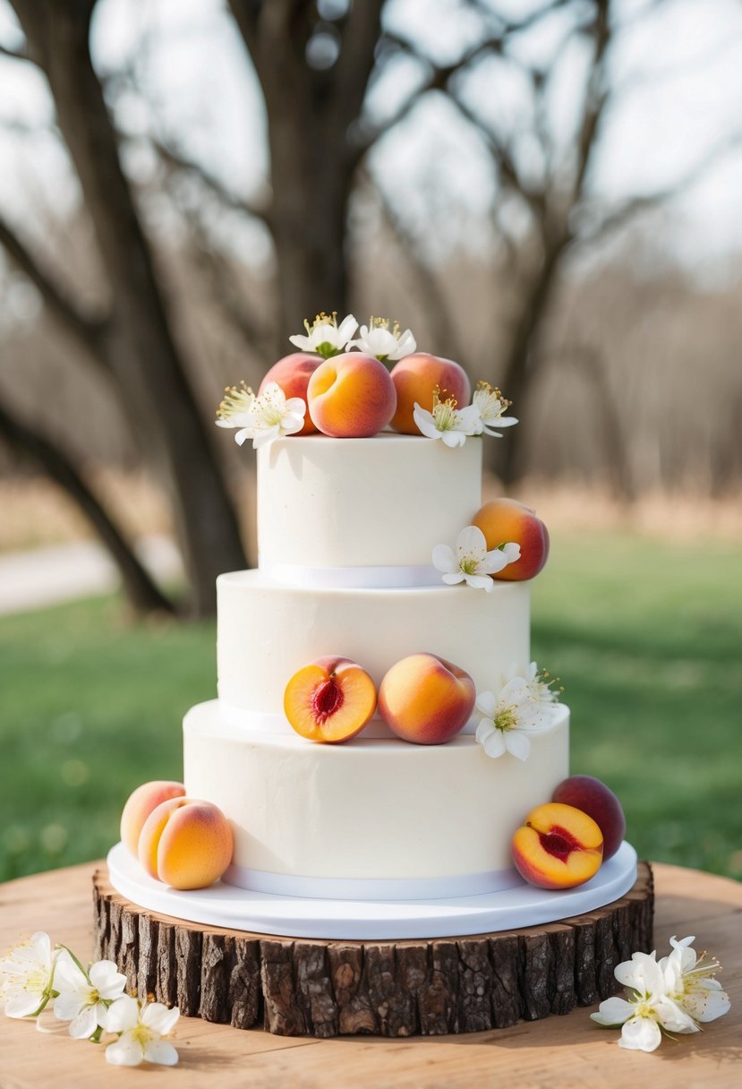 A three-tiered wedding cake adorned with fresh peaches and delicate peach blossoms