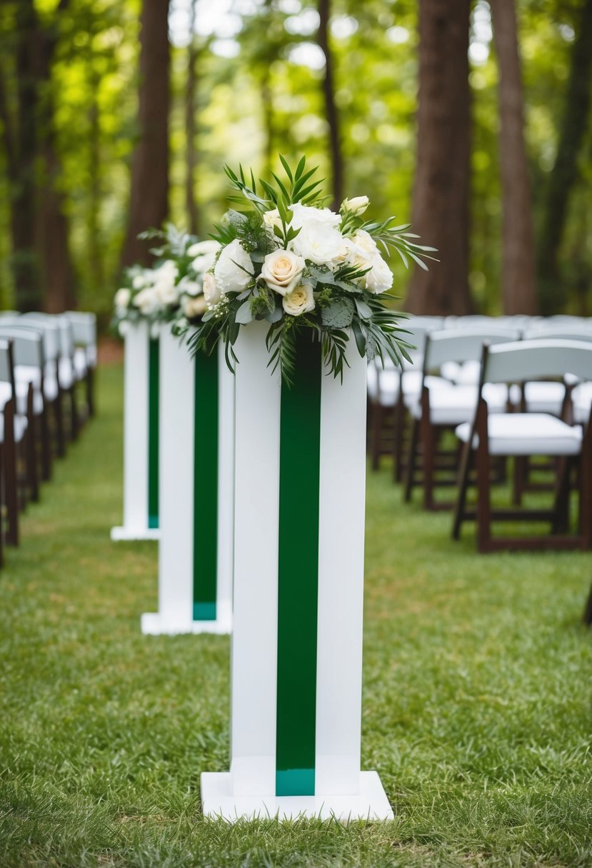 Green and white aisle markers stand amidst a lush forest, inspiring wedding color ideas