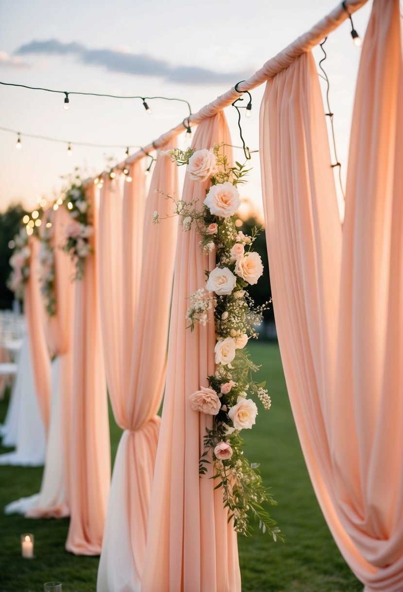 A soft peach drapery flowing in the breeze, adorned with delicate flowers and twinkling lights, creating a romantic atmosphere for a wedding celebration