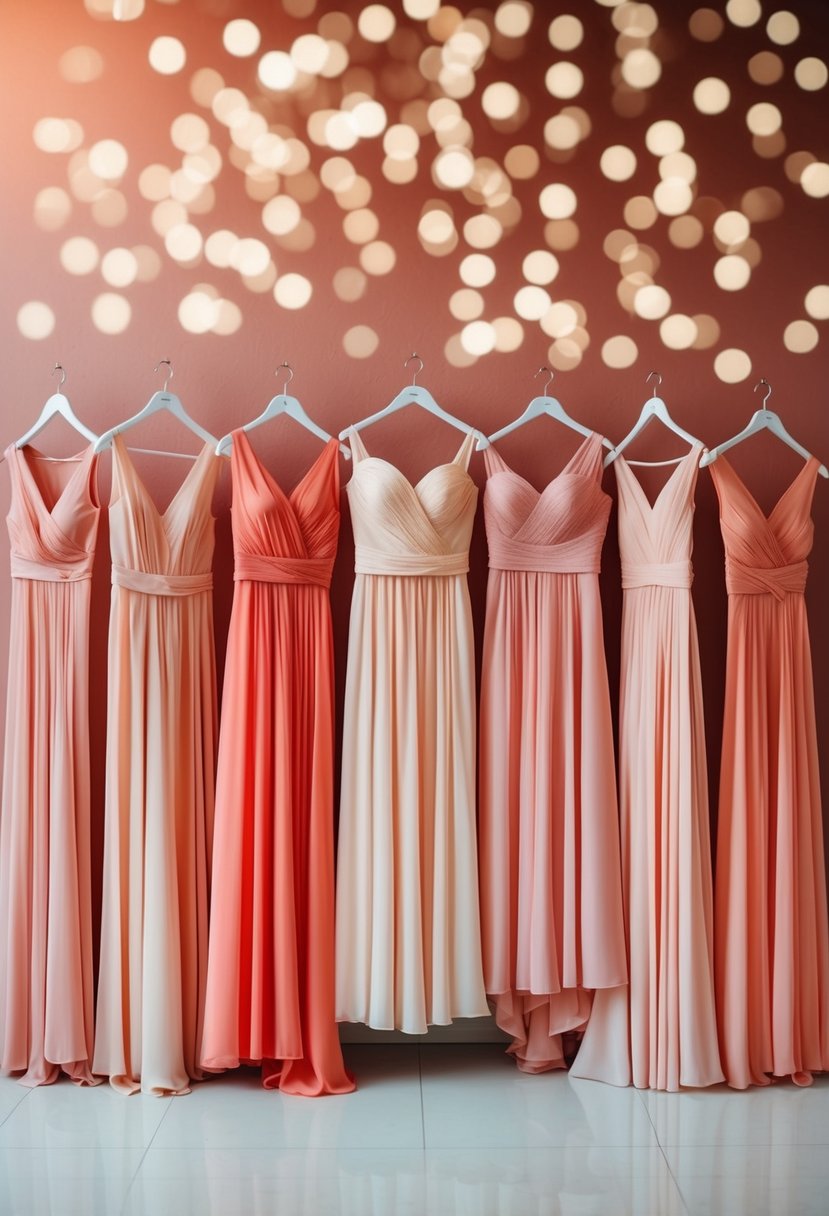 A group of bridesmaid dresses in shades of peach and coral arranged in a stylish and elegant display