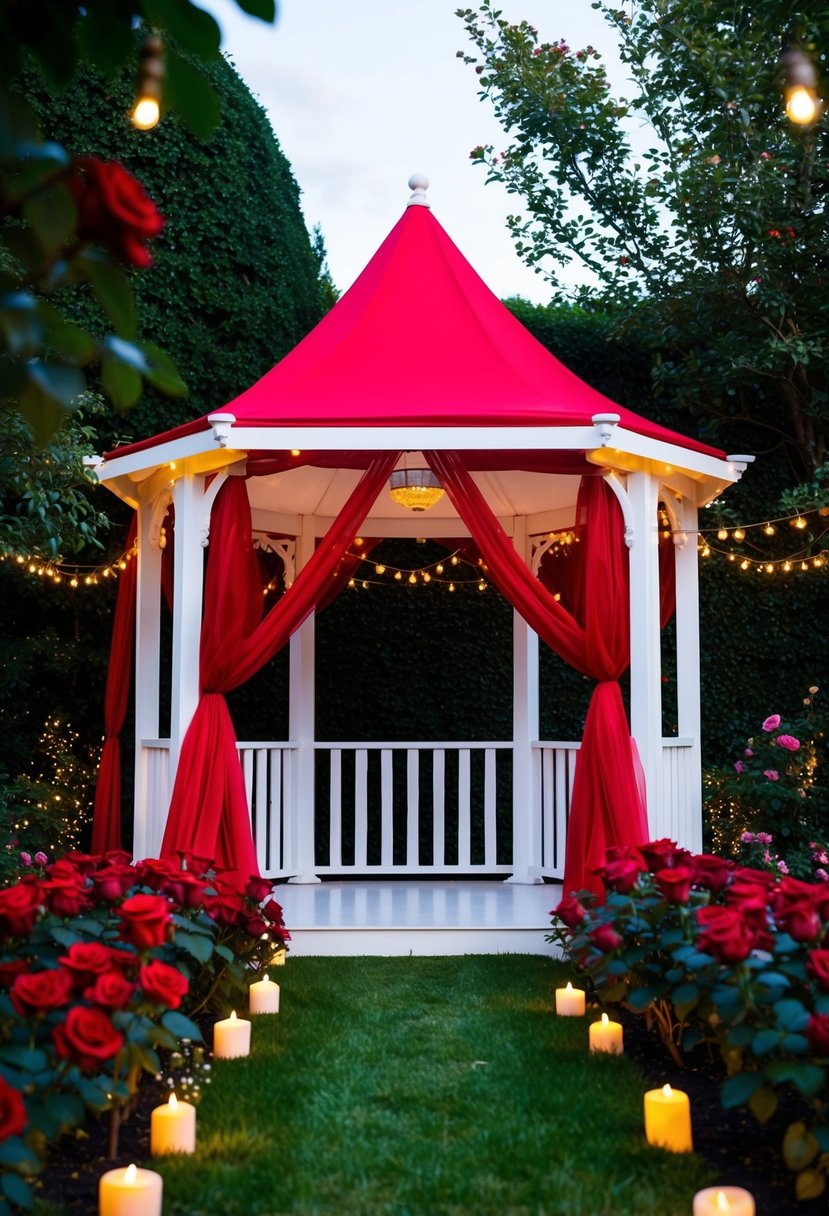 A lush red rose garden with a white gazebo, draped in flowing red fabric and surrounded by twinkling lights and candles