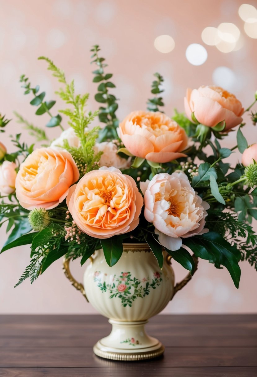 A whimsical peach floral arrangement featuring peach-colored roses, peonies, and greenery in a vintage-style vase