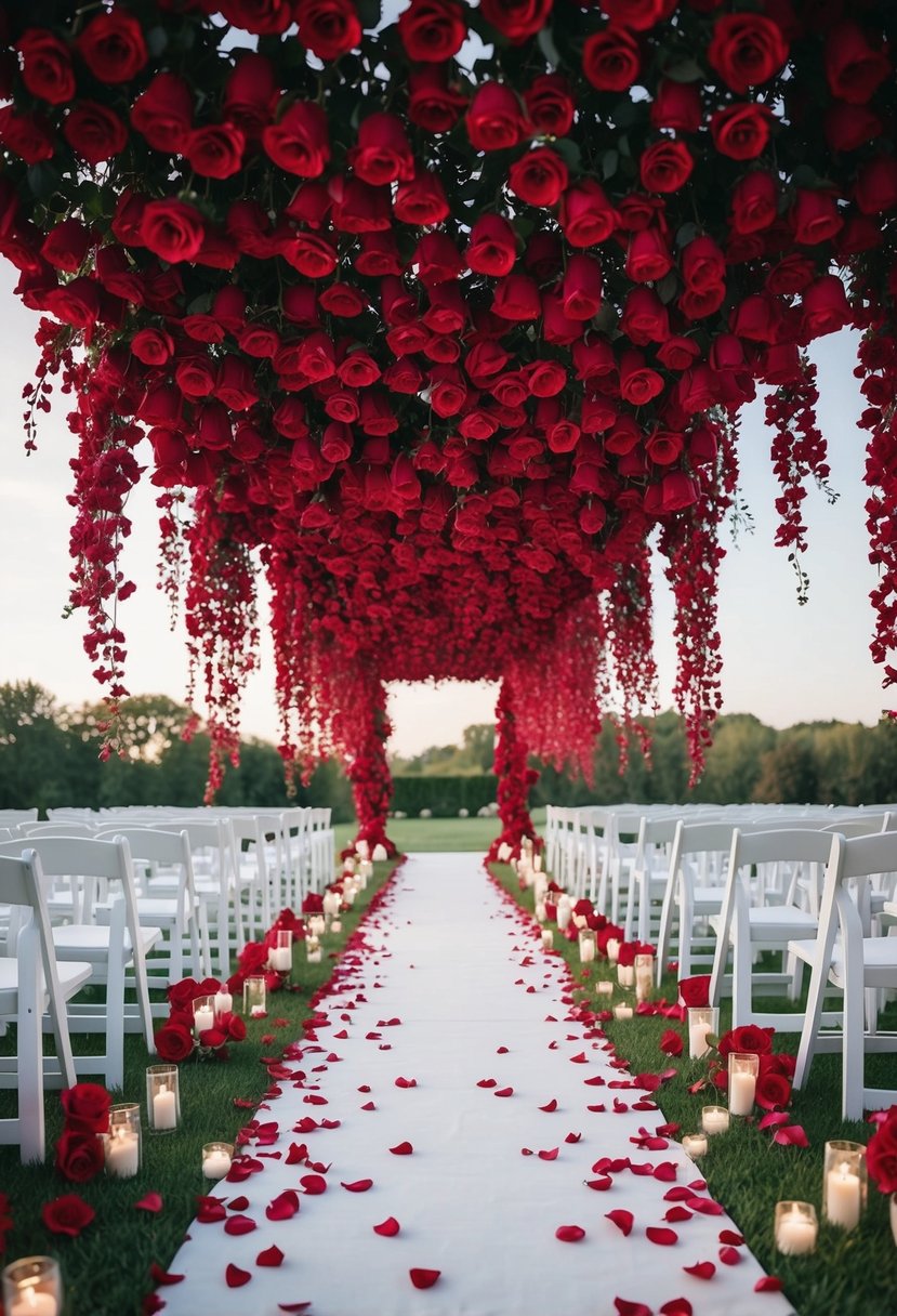 Cascading red roses cover a romantic wedding arch, with petals strewn along the aisle