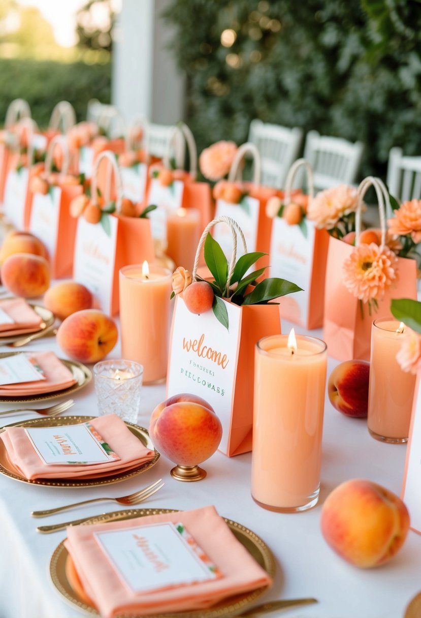 A table adorned with peach-themed welcome bags, filled with peach-scented candles, fresh peaches, and peach-colored trinkets