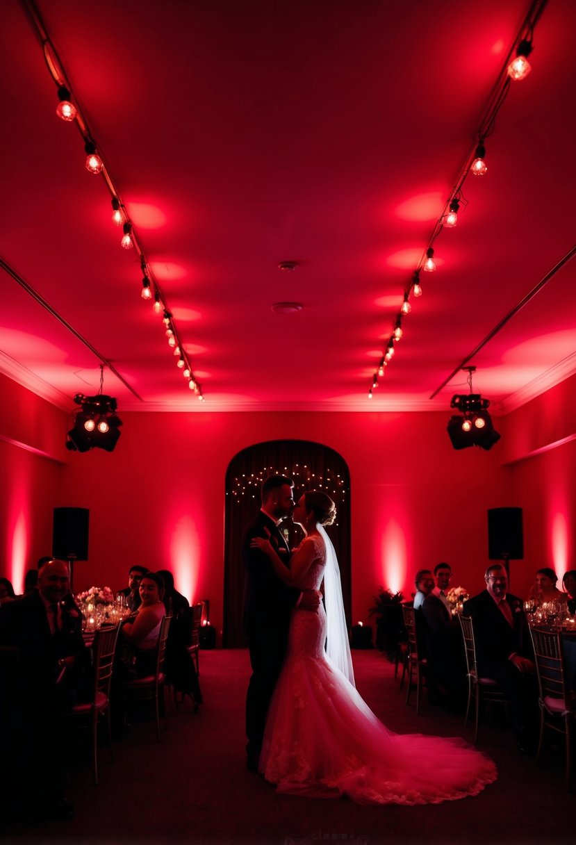 A dimly lit room with red uplighting casting a romantic glow over the space, creating a warm and intimate ambiance for a wedding celebration