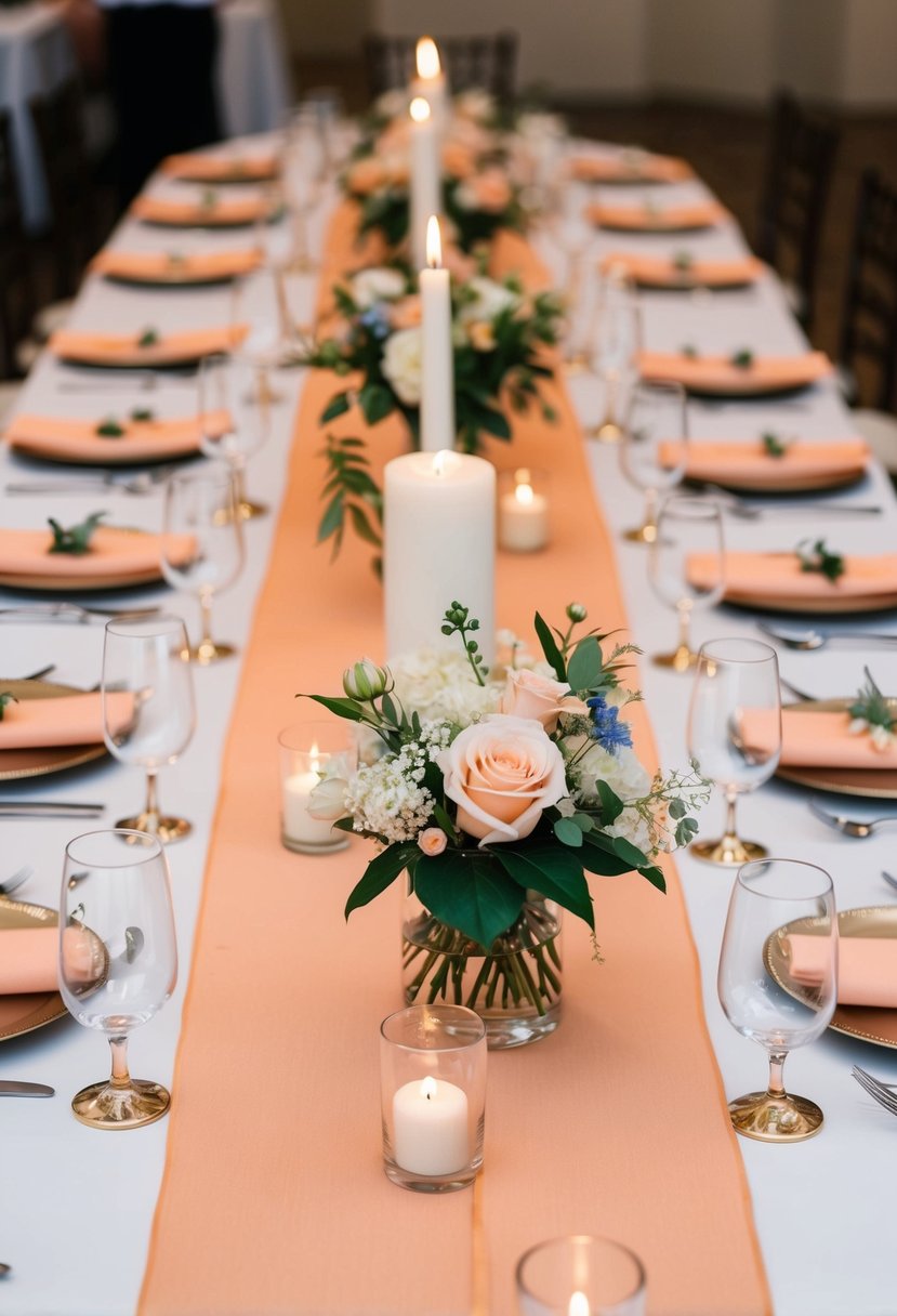 A long table with peach-colored runners, adorned with floral centerpieces and candles, set for a wedding reception