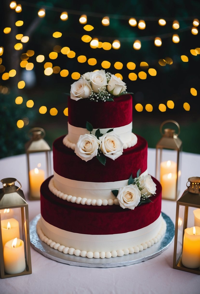 A three-tiered red velvet wedding cake adorned with delicate white roses and surrounded by candlelit lanterns