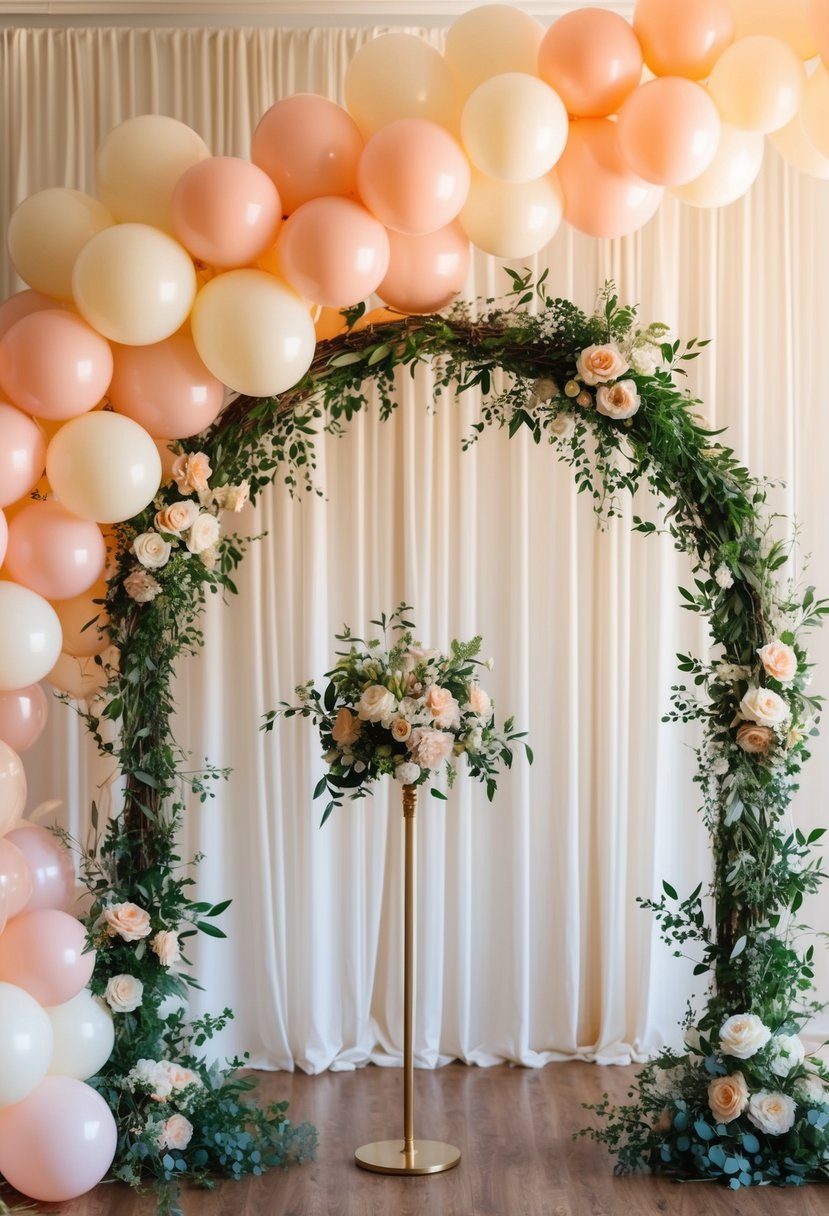 A delicate balloon arch in shades of peach and cream, adorned with greenery and flowers, creating a whimsical and romantic atmosphere for a wedding celebration