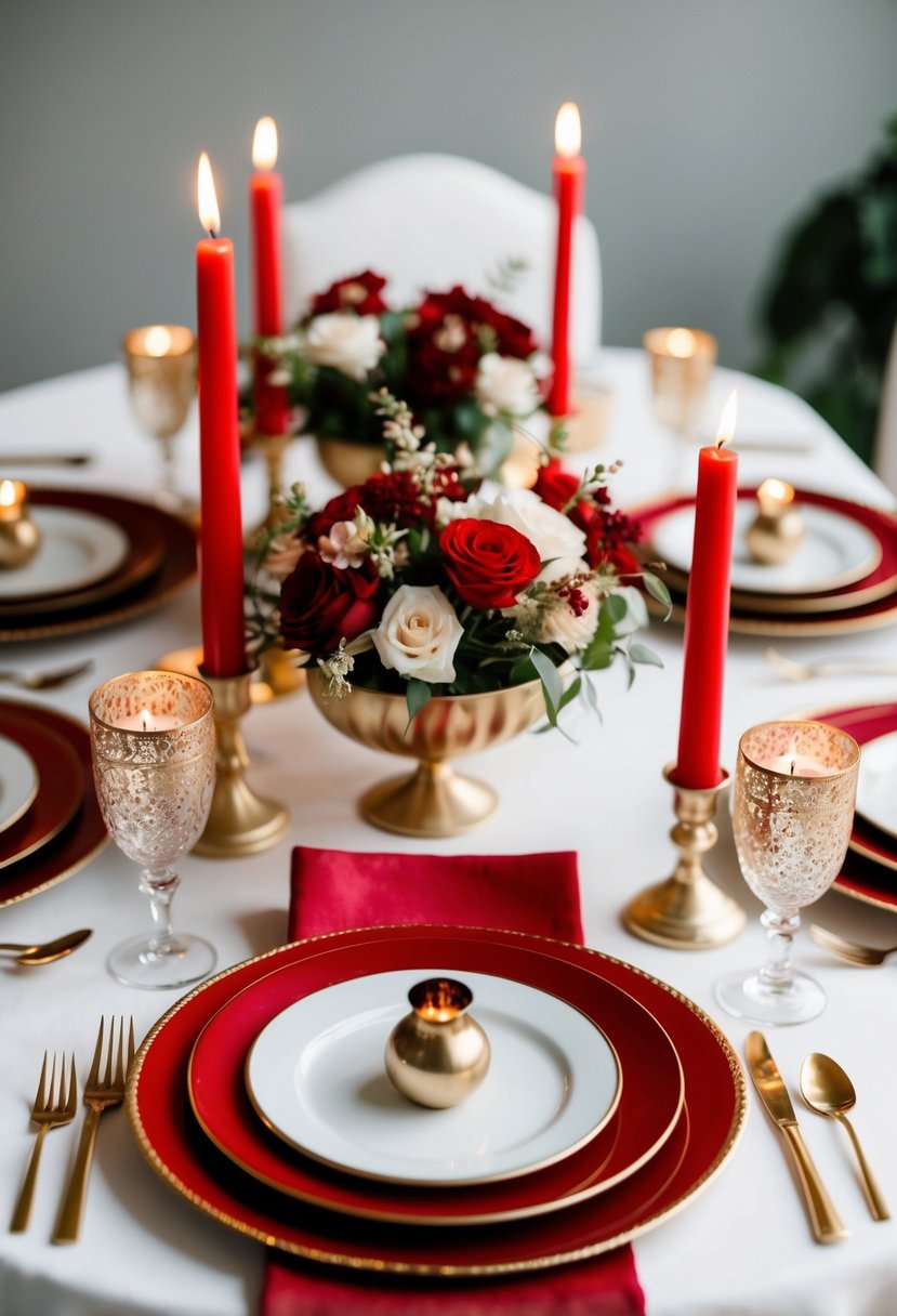 A table set with red and gold accents, adorned with romantic candles and delicate floral arrangements