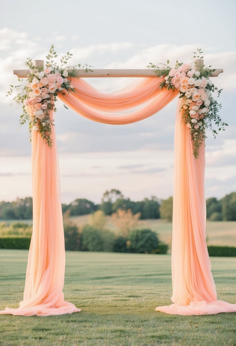 A peach-colored wedding arch adorned with floral accents