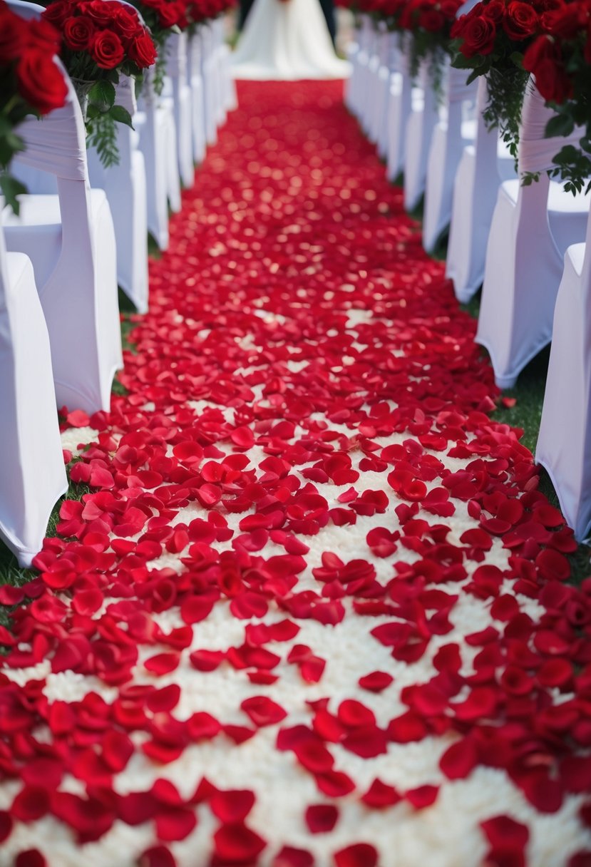 Red rose petals cover the aisle, creating a romantic and elegant atmosphere for a wedding