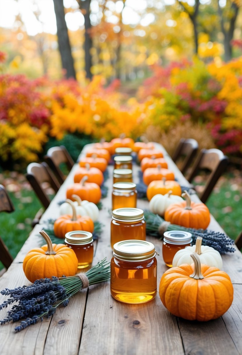 A rustic table adorned with autumn-themed favors like mini pumpkins, jars of honey, and bundles of dried lavender, set against a backdrop of colorful fall foliage