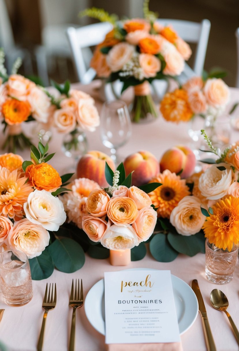 A table adorned with handcrafted peach boutonnieres, surrounded by peach-themed wedding decor and floral arrangements