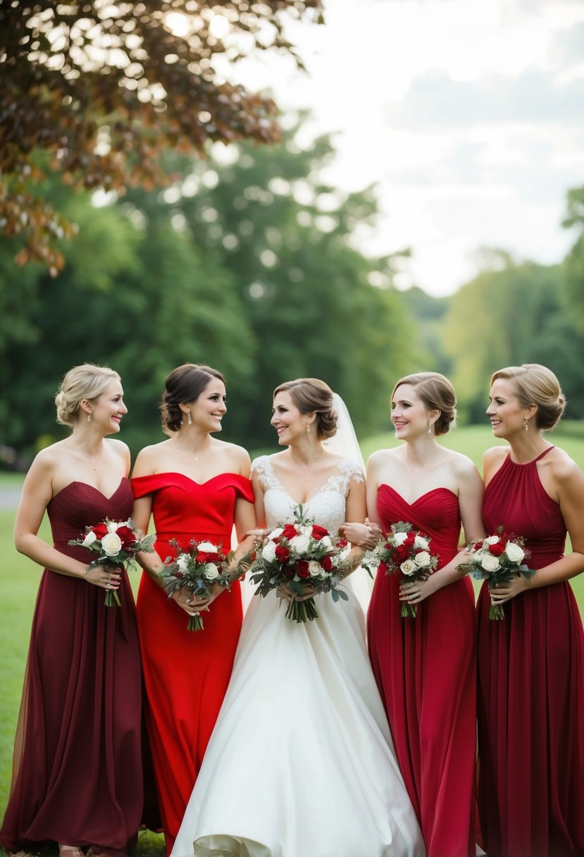 Bridesmaids in mismatched red dresses at a romantic wedding