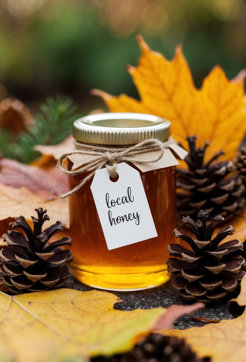 A small glass jar filled with golden local honey, adorned with a rustic twine bow and a personalized tag, nestled among autumn leaves and pinecones