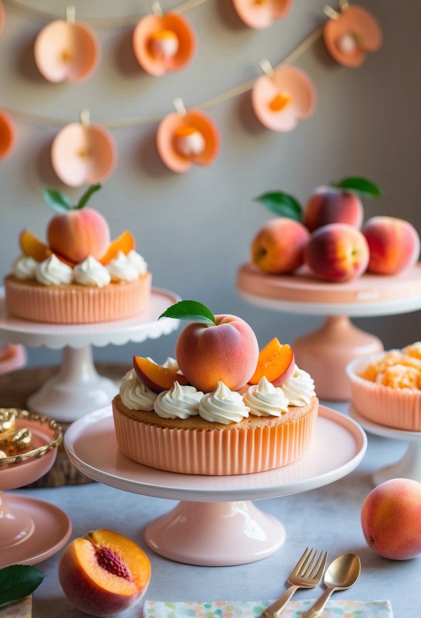 A peach dessert bar with peach-themed decor and desserts