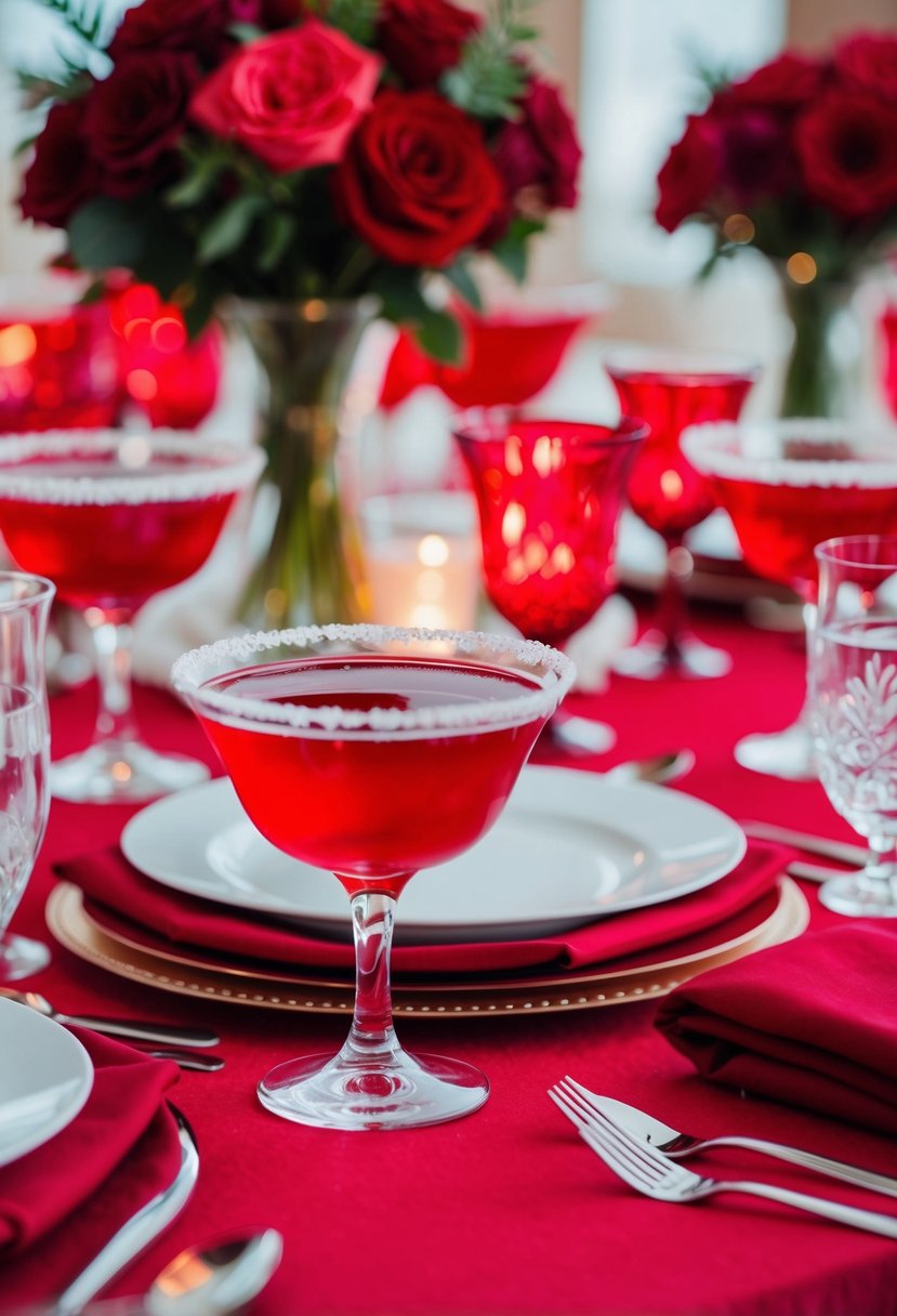 A table set with red cocktail drinks, surrounded by romantic wedding decor in shades of red