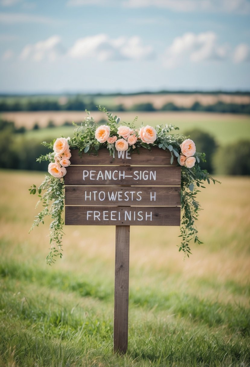 A rustic wooden sign adorned with peach-colored flowers and greenery, set against a backdrop of a serene countryside landscape