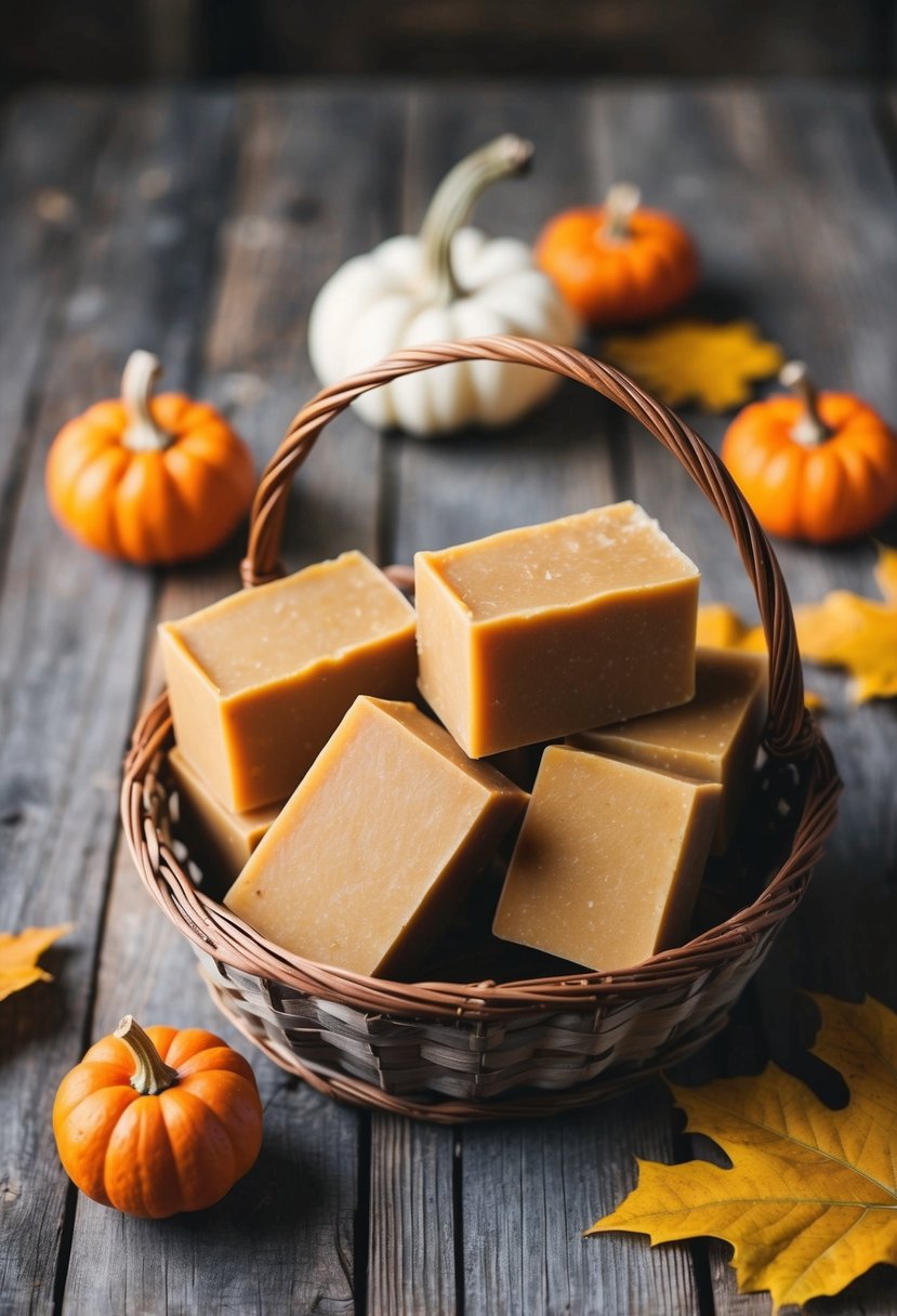 Pumpkin spice soap bars arranged in a rustic basket with autumn leaves and small pumpkins as wedding favors