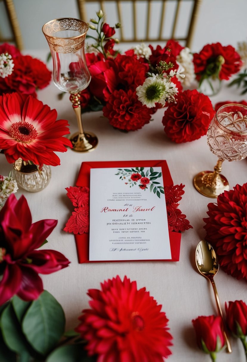 Red floral invitations arranged with romantic wedding decor