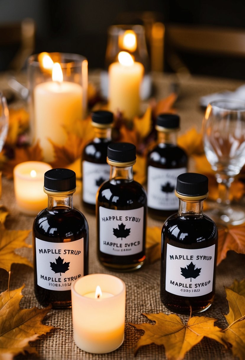 A rustic table adorned with small maple syrup bottles, each personalized with the couple's names and wedding date, surrounded by autumn leaves and warm candlelight