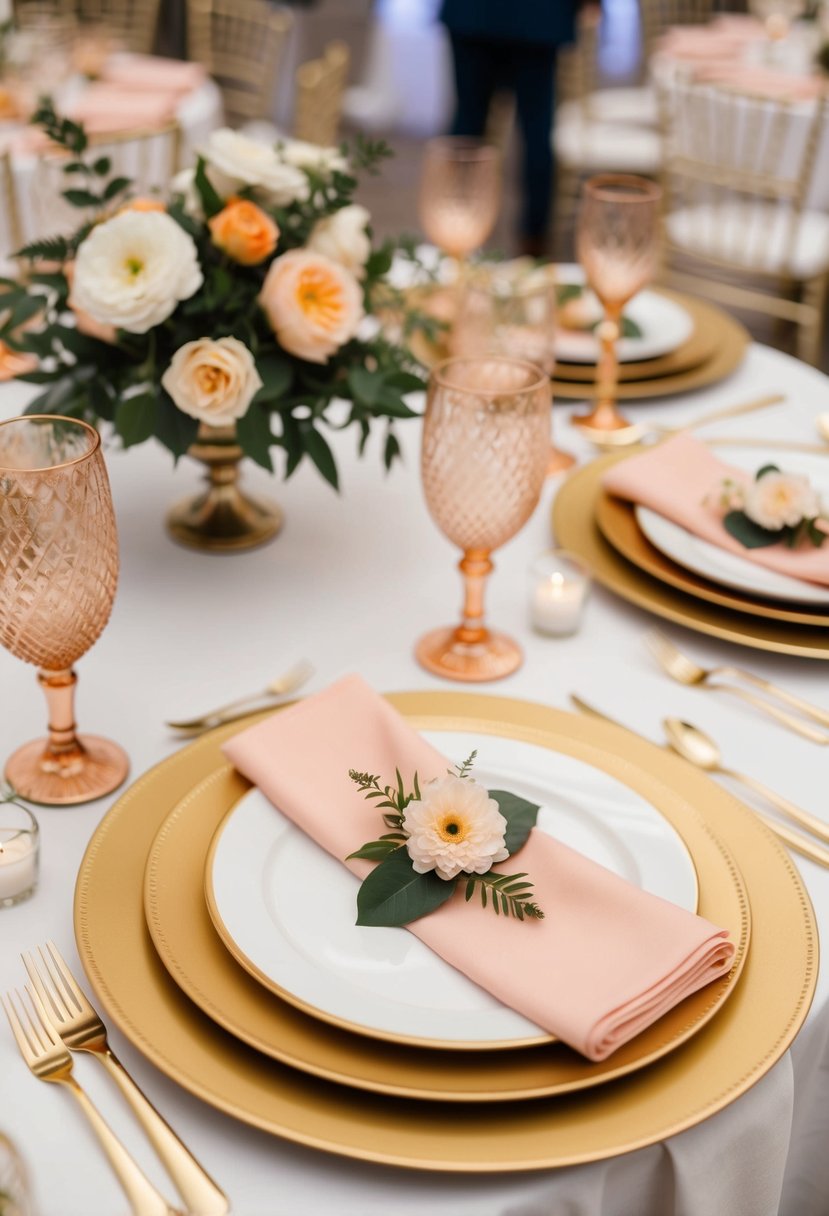 A table set with gold and peach plates, napkins, and flowers for a wedding reception