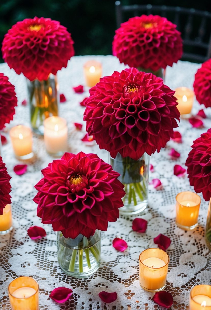 Red dahlias arranged in glass vases on white lace tablecloths, surrounded by flickering candles and scattered rose petals