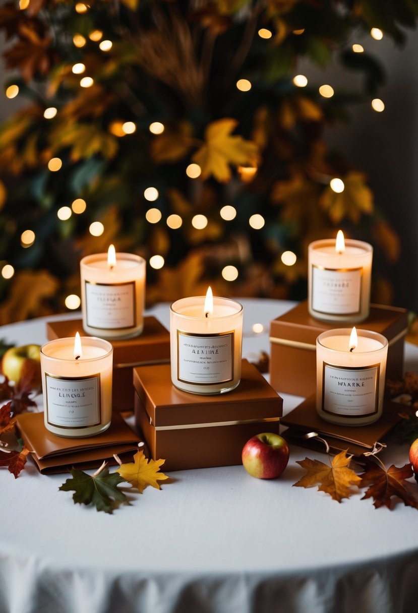 A table adorned with apple cinnamon scented candles in elegant packaging, surrounded by autumn foliage and twinkling fairy lights