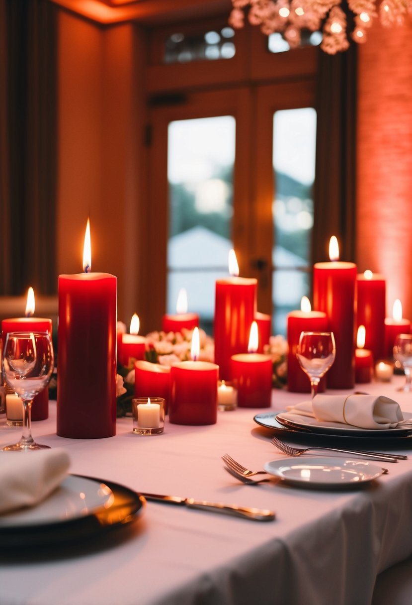 A dimly lit room with a table adorned with red-tinged custom candles, casting a romantic glow for a wedding celebration