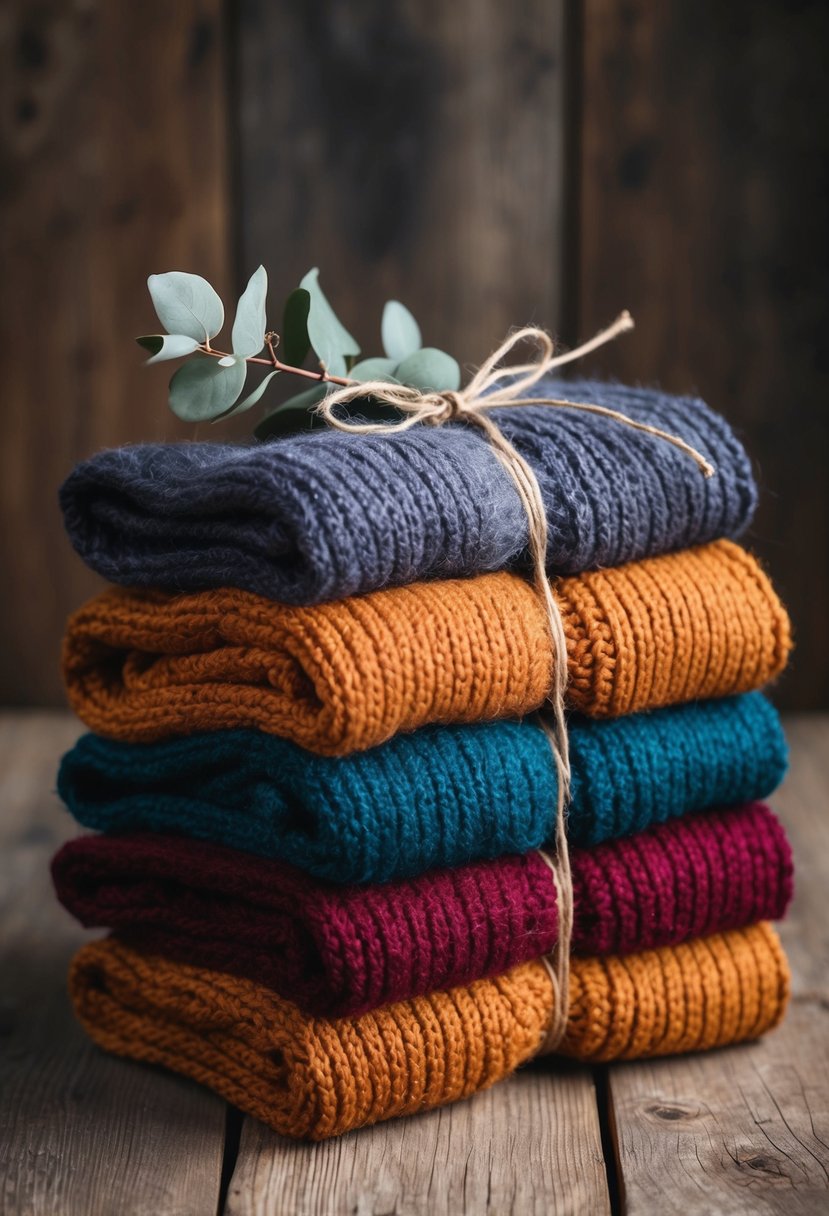 A cozy pile of warm woolen scarves in autumn colors, tied with twine and adorned with a sprig of eucalyptus, set against a rustic wooden backdrop