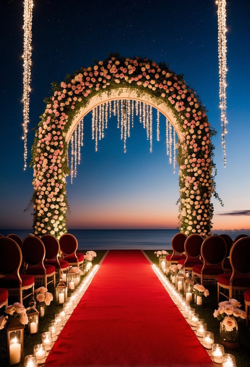 A grand red carpet unfurls under a starlit sky, leading to an ornate archway adorned with cascading roses and twinkling lights