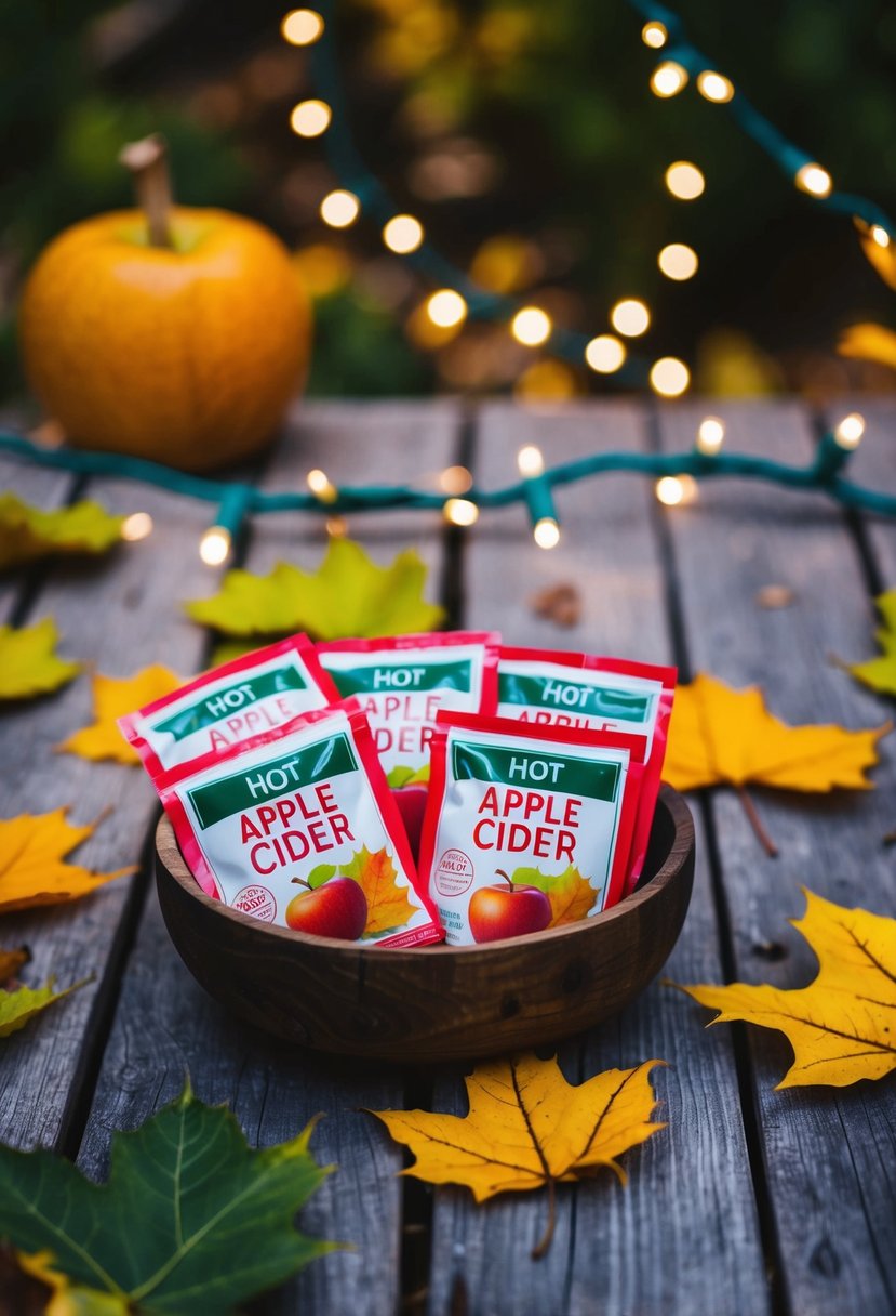 A rustic wooden table adorned with Hot Apple Cider Mix Packets, surrounded by autumn leaves and twinkling string lights