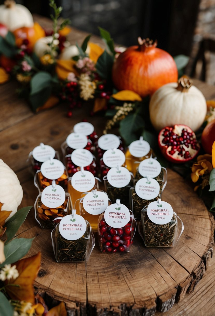 A rustic wooden table adorned with assorted pomegranate herbal tea favors, surrounded by autumn foliage and delicate floral accents