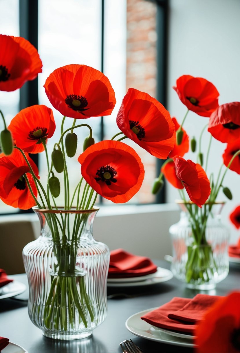 A table adorned with red poppies in glass vases