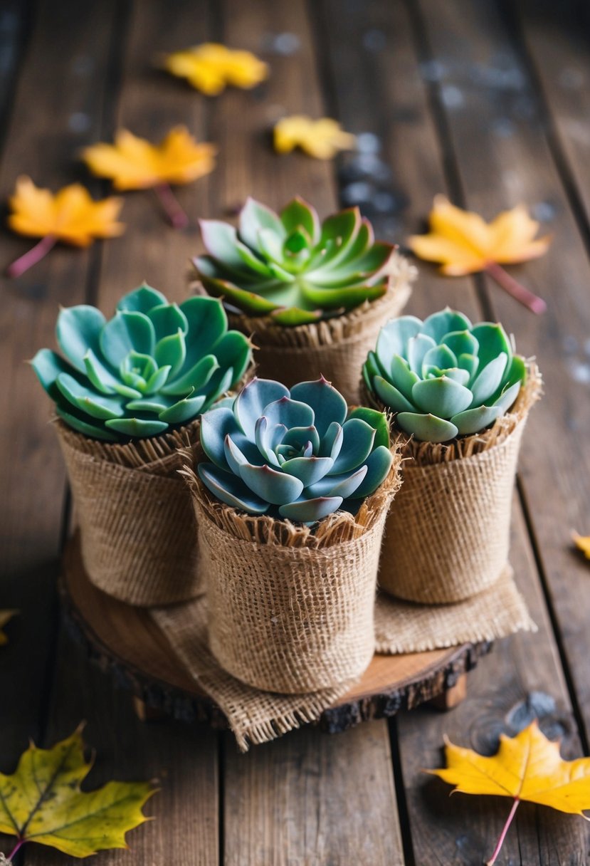 Succulents wrapped in rustic burlap, arranged on a wooden table with autumn leaves scattered around