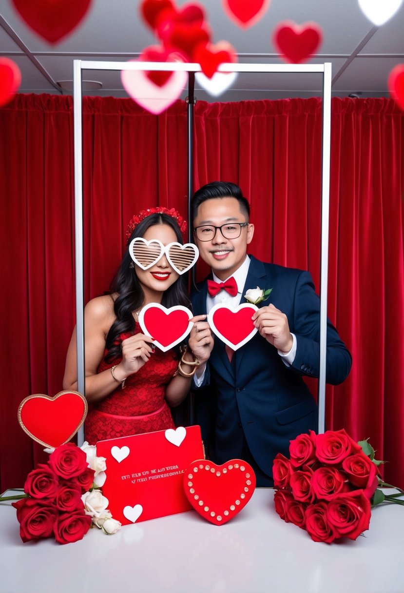 A photo booth with red props: heart-shaped frames, roses, love letters, and a red velvet backdrop