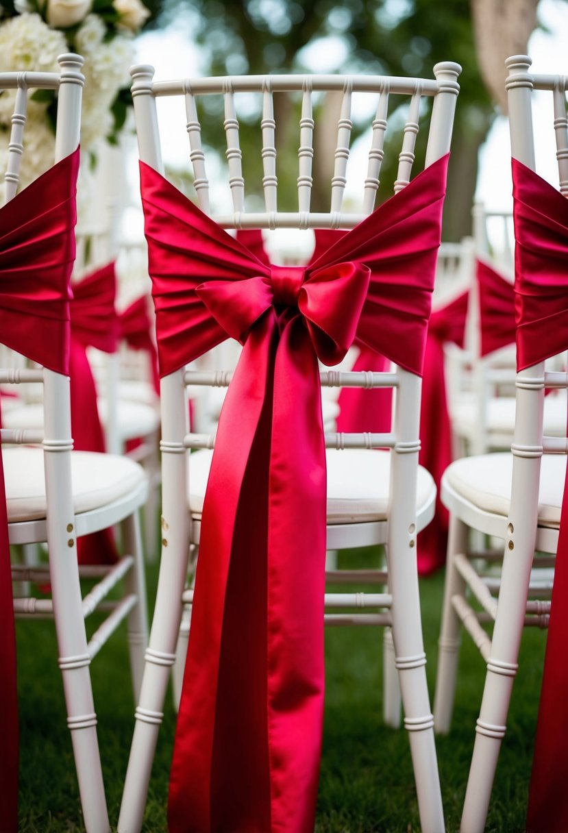 Red silk ribbons elegantly draped on chairs, creating a romantic and intimate atmosphere for a wedding celebration